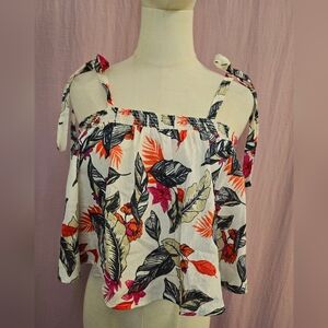 New Hawaiian Tropical Floral Tie Shoulder Smocked Flowy Crop Top- Multi, Small